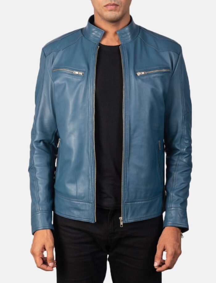 Malone Blue Leather Biker Jacket