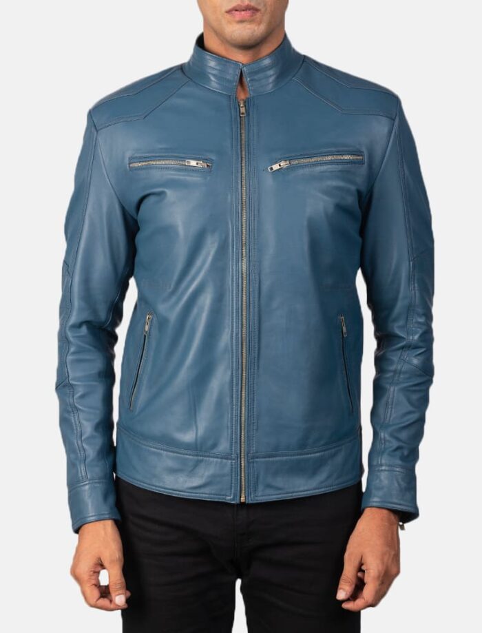 Malone Blue Leather Biker Jacket