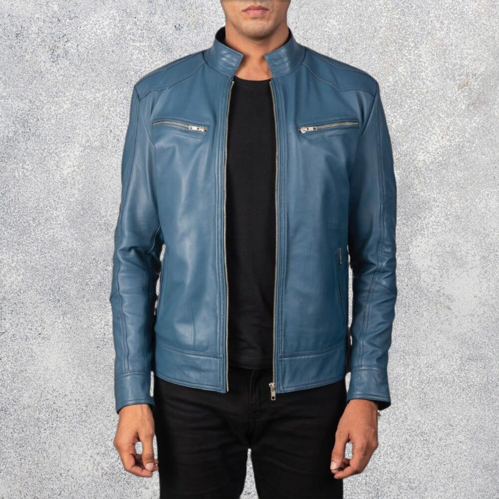 Malone Blue Leather Biker Jacket