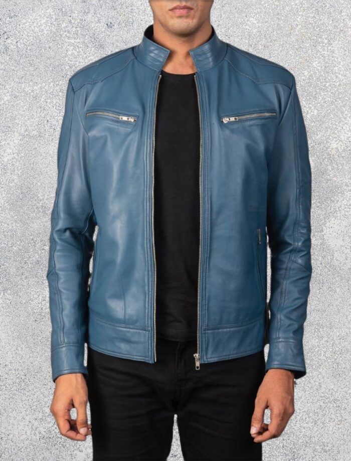 Malone Blue Leather Biker Jacket