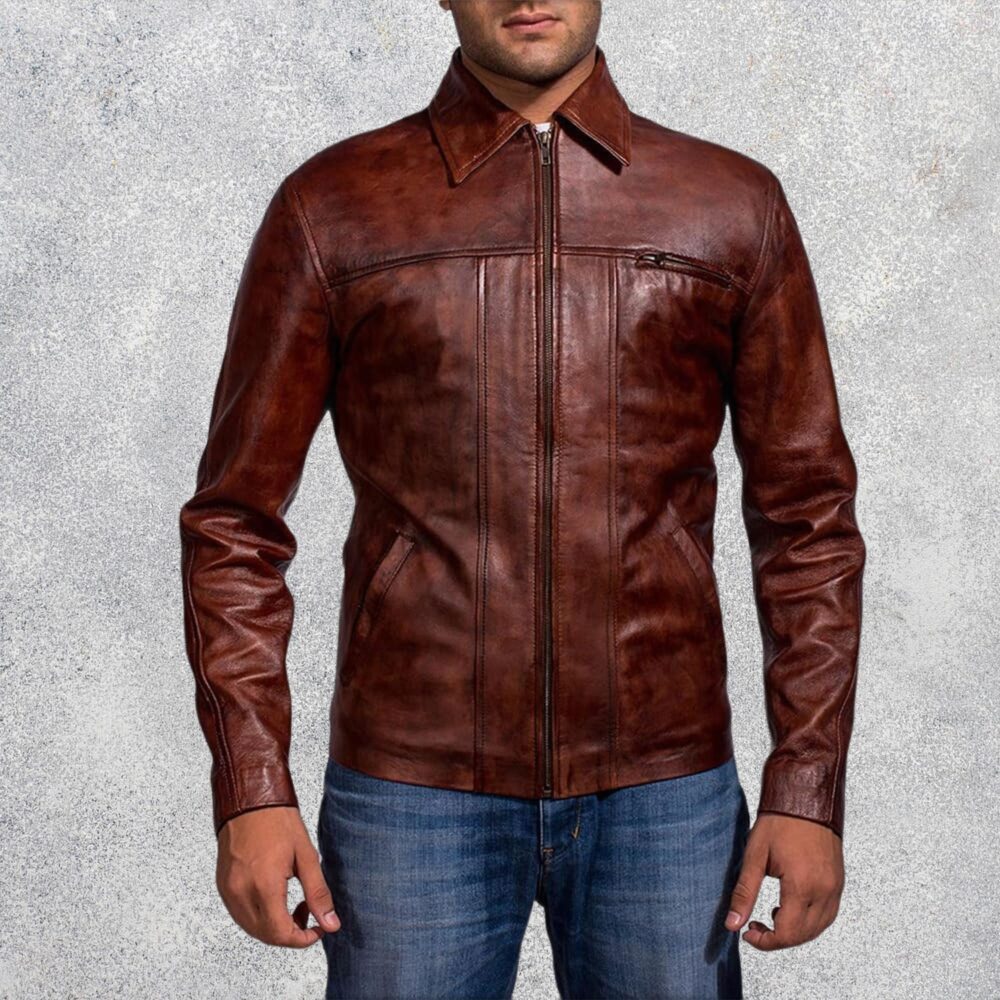 Marvello Distressed Brown Leather Jacket for Men