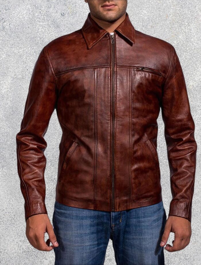 Marvello Distressed Brown Leather Jacket for Men