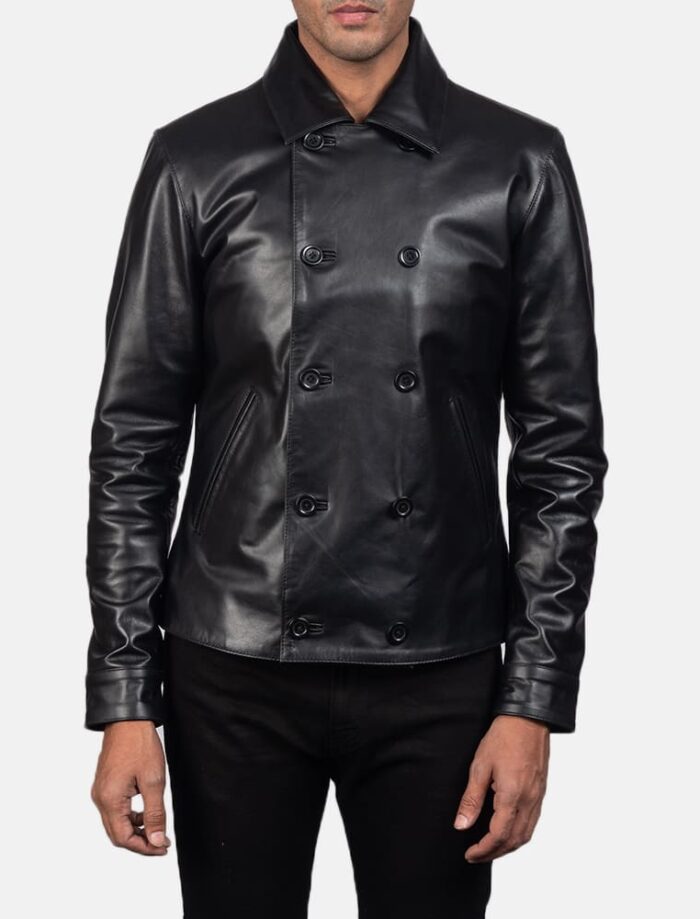 Morris Black Leather Peacoat