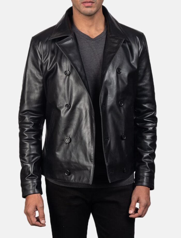 Morris Black Leather Peacoat