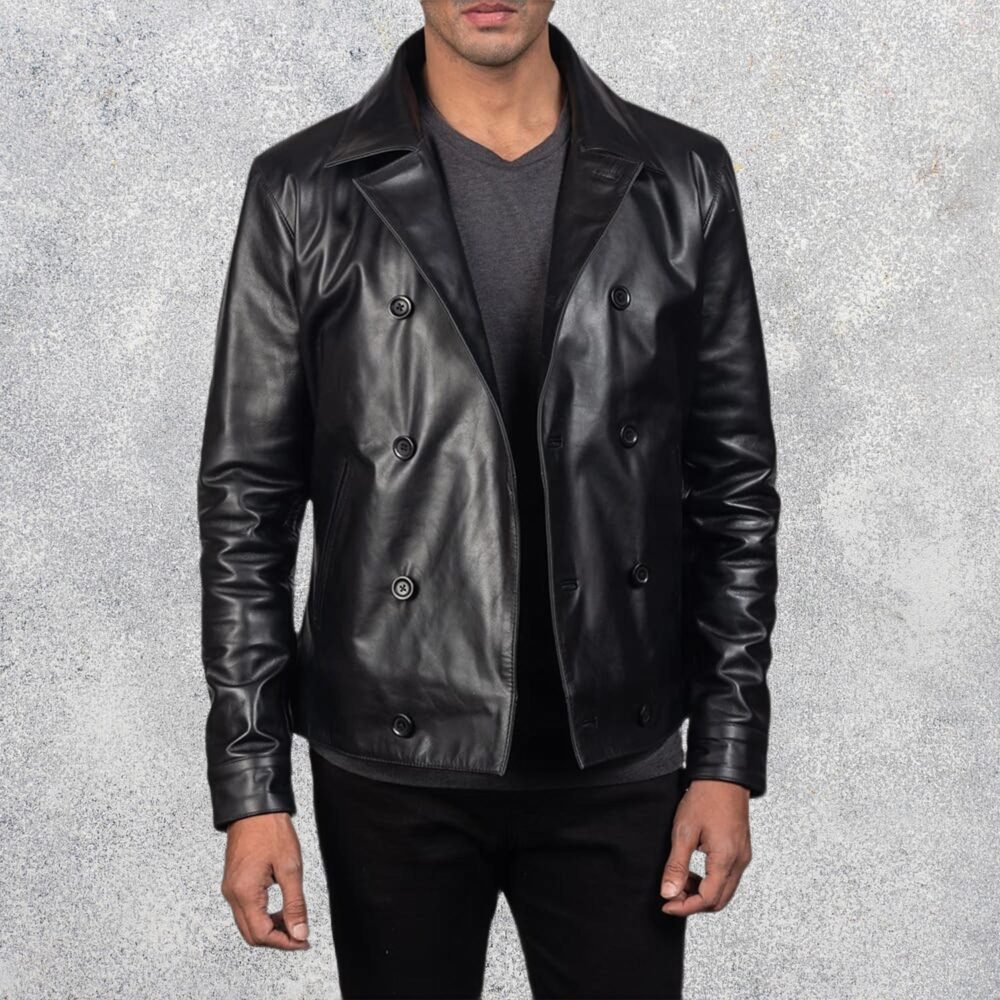 Morris Black Leather Peacoat