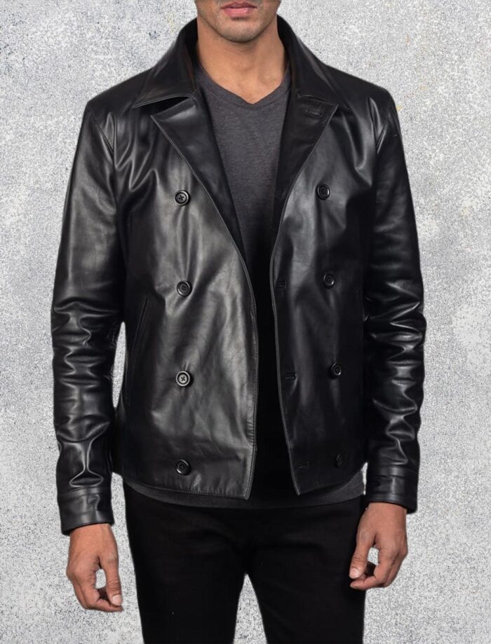 Morris Black Leather Peacoat
