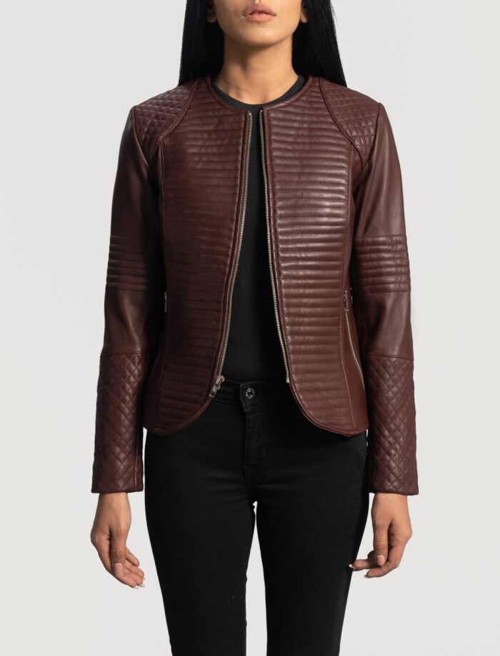 Seraphine Quilted Maroon Leather Jacket for Women