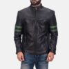 Trooper Black Leather Jacket with Green Stripes