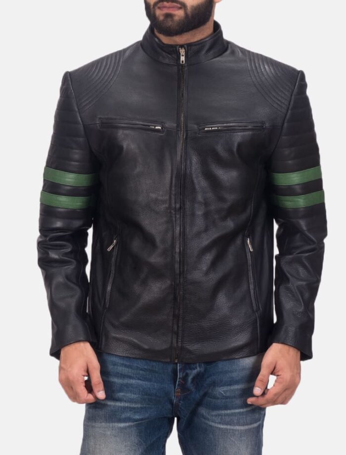 Trooper Black Leather Jacket with Green Stripes