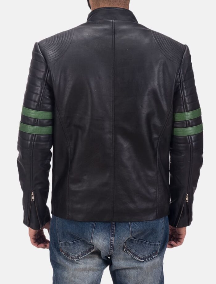 Trooper Black Leather Jacket with Green Stripes