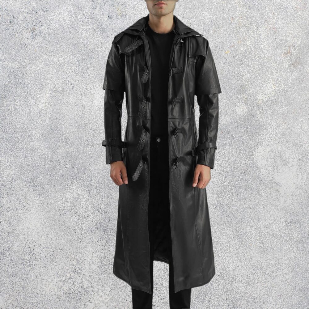 Nightshade Black Hooded Leather Trench Coat