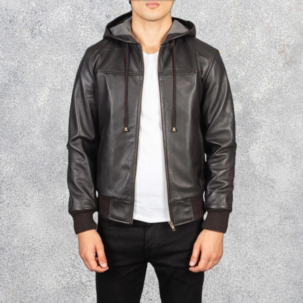 Nimbus Brown Hooded Leather Bomber Jacket