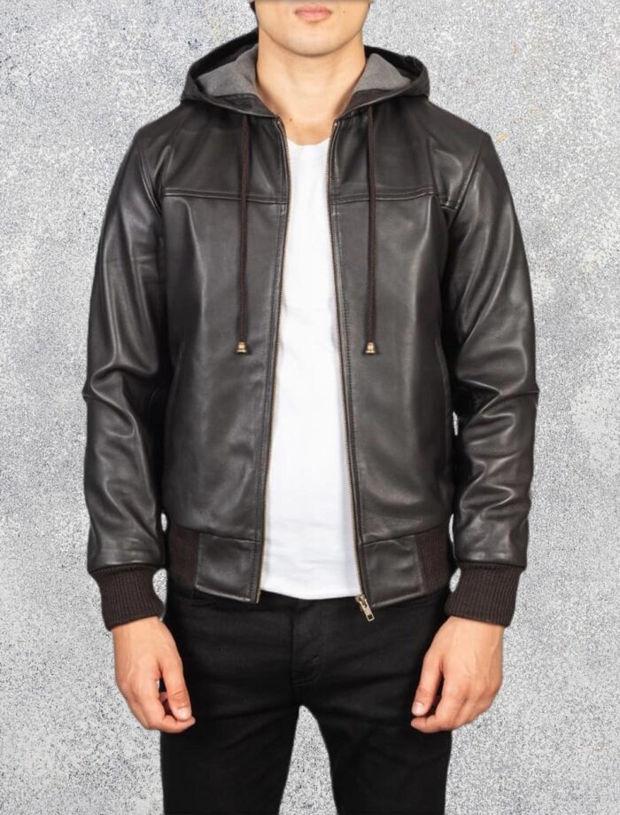 Nimbus Brown Hooded Leather Bomber Jacket