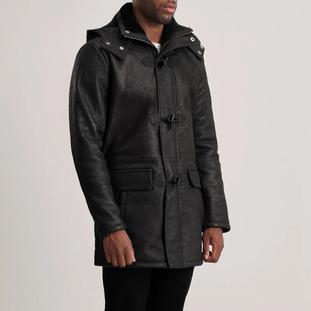 Kieran Black Snuffed Leather Duffle Coat for Men – Rugged Style with Luxe Warmth