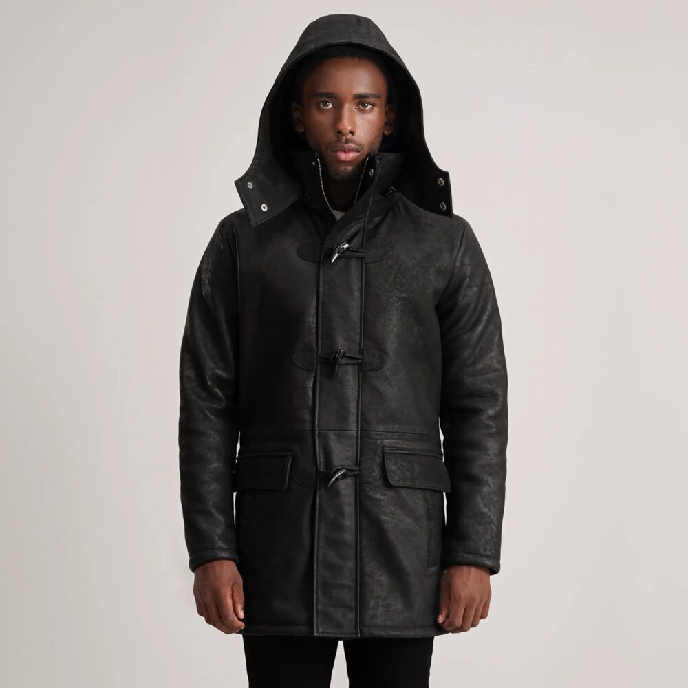 Kieran Black Snuffed Leather Duffle Coat for Men – Rugged Style with Luxe Warmth