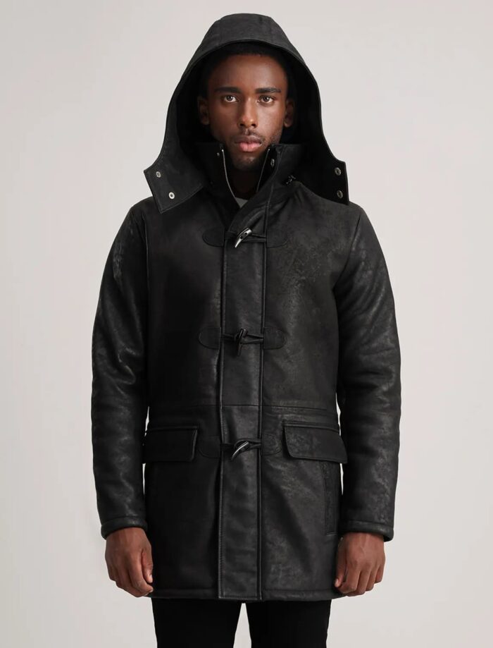 Kieran Black Snuffed Leather Duffle Coat for Men – Rugged Style with Luxe Warmth