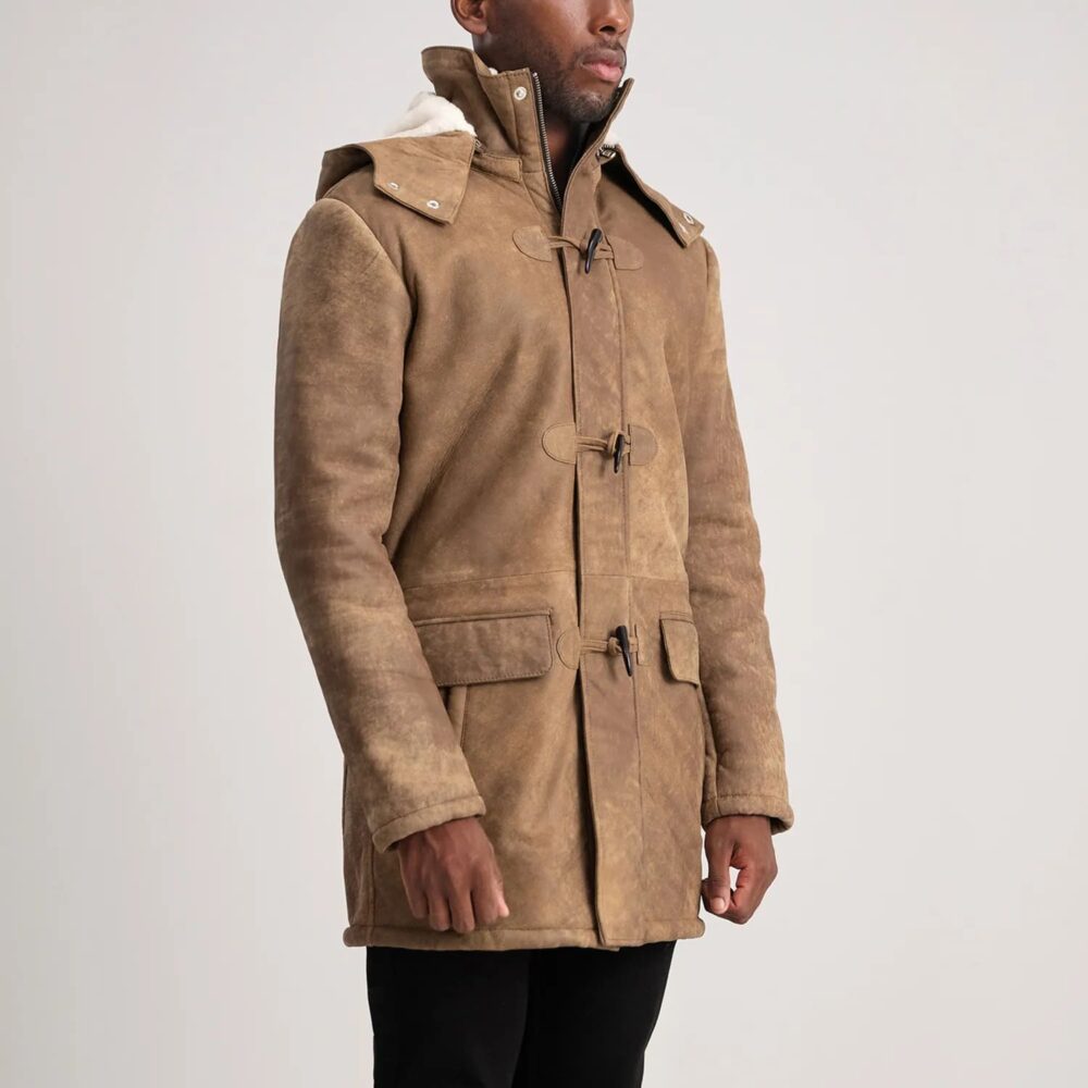 Kieran Distressed Brown Leather Duffle Coat for Men – Rugged Style and Warm Comfort