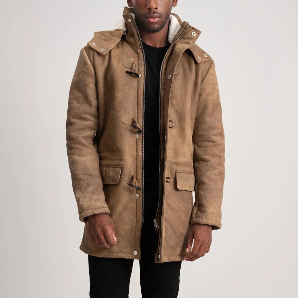 Kieran Distressed Brown Leather Duffle Coat for Men – Rugged Style and Warm Comfort