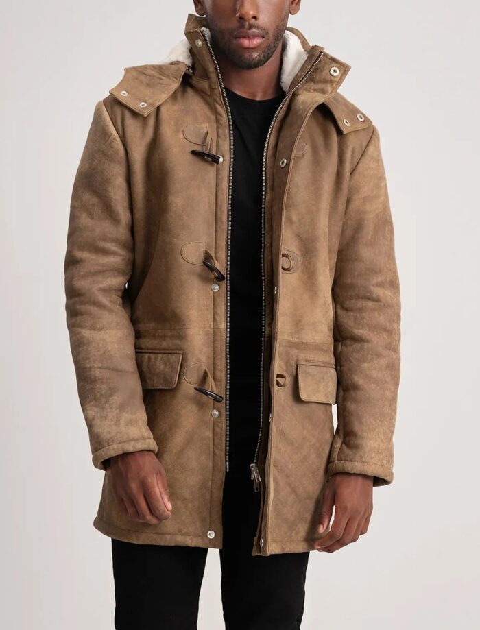 Kieran Distressed Brown Leather Duffle Coat for Men – Rugged Style and Warm Comfort