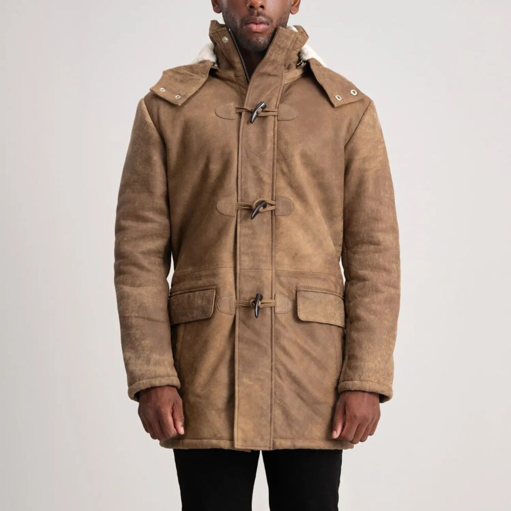 Kieran Distressed Brown Leather Duffle Coat for Men – Rugged Style and Warm Comfort