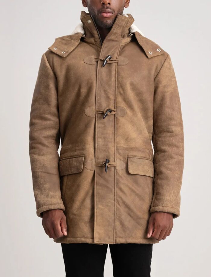 Kieran Distressed Brown Leather Duffle Coat for Men – Rugged Style and Warm Comfort