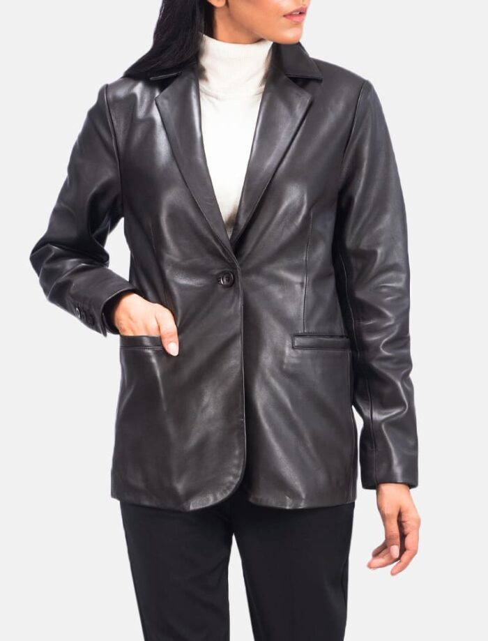 Elara Brown Leather Blazer for Women