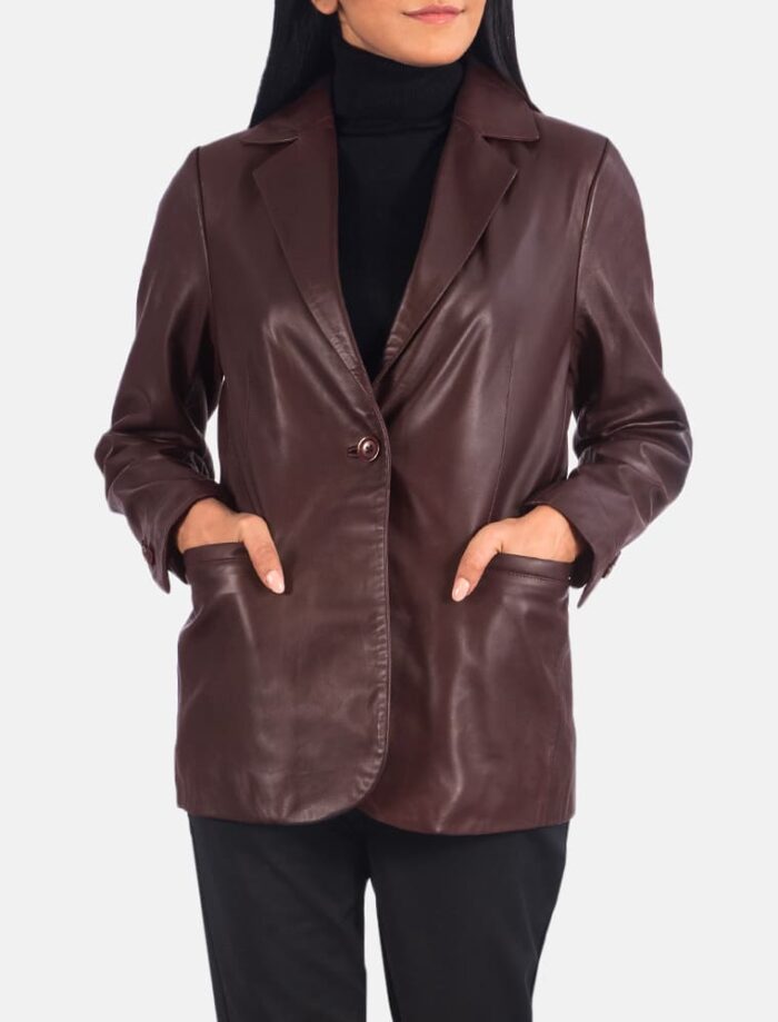 Elara Maroon Leather Blazer for Women