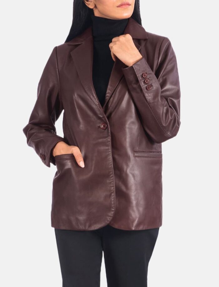 Elara Maroon Leather Blazer for Women