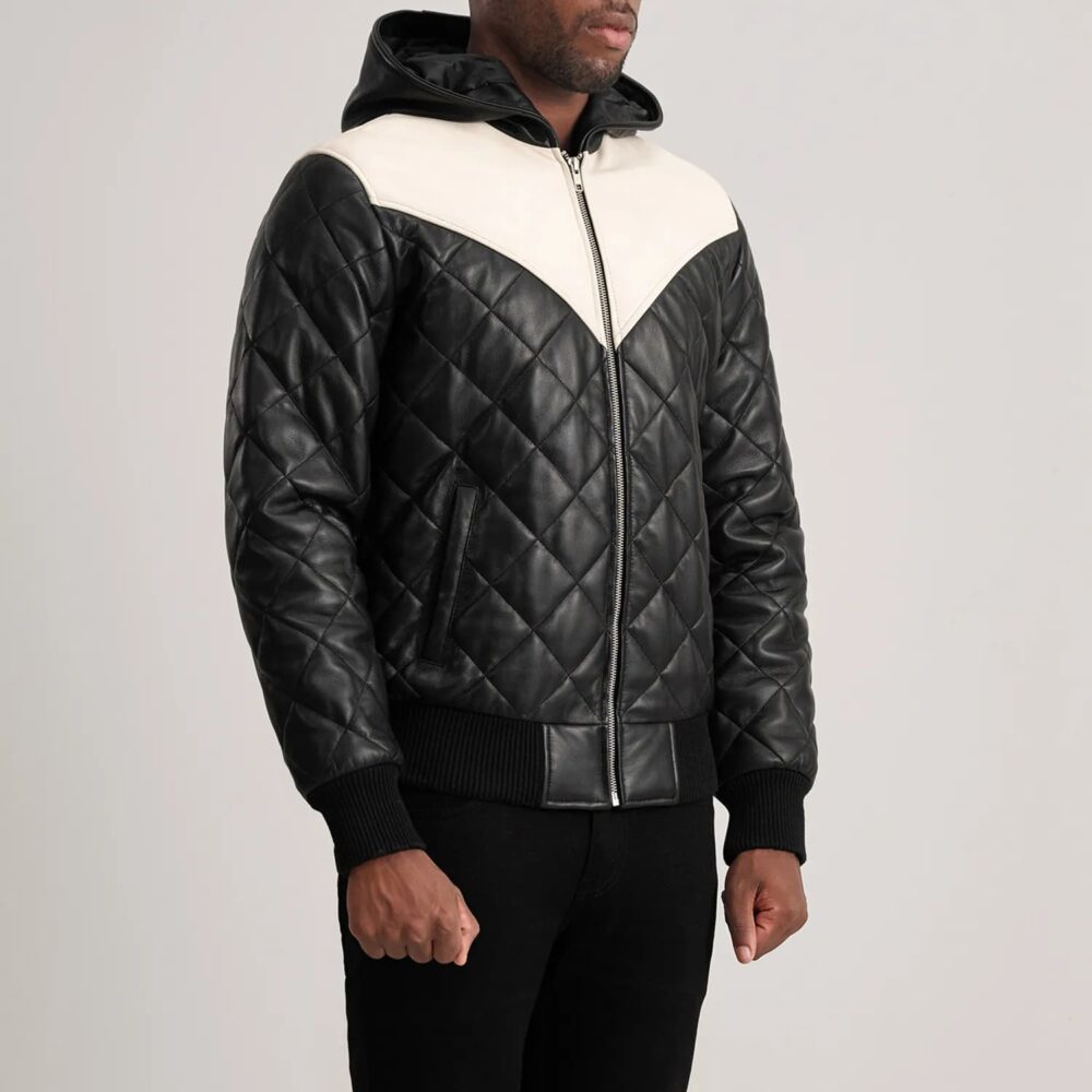 Grayson Black Hooded Bomber Leather Puffer Jacket for Men