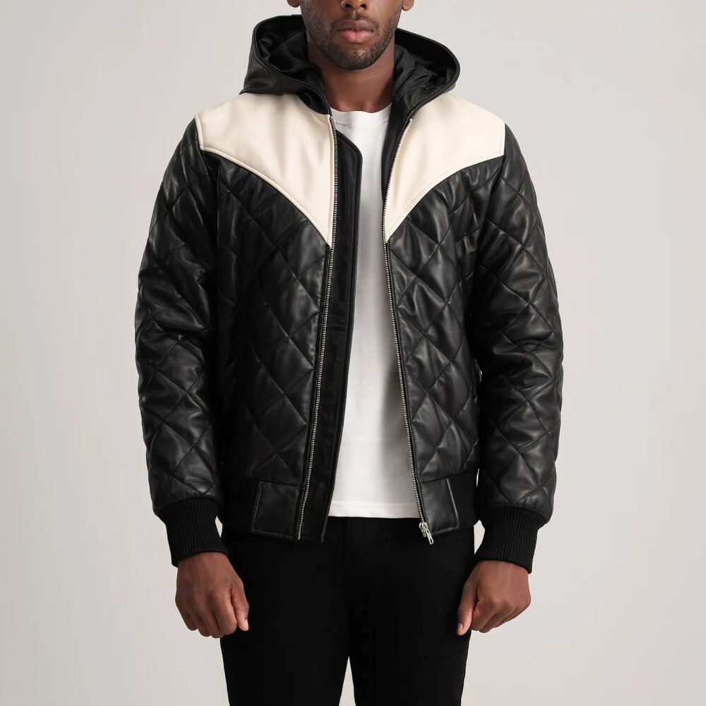 Grayson Black Hooded Bomber Leather Puffer Jacket for Men