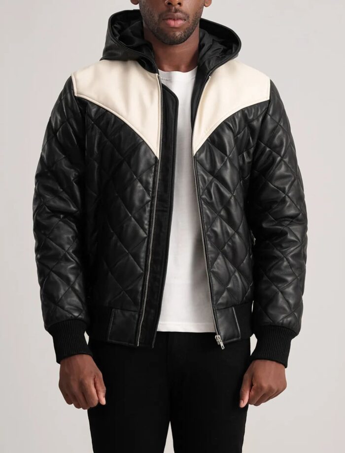 Grayson Black Hooded Bomber Leather Puffer Jacket for Men