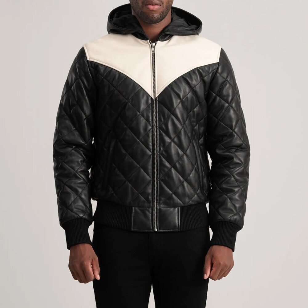 Grayson Black Hooded Bomber Leather Puffer Jacket for Men