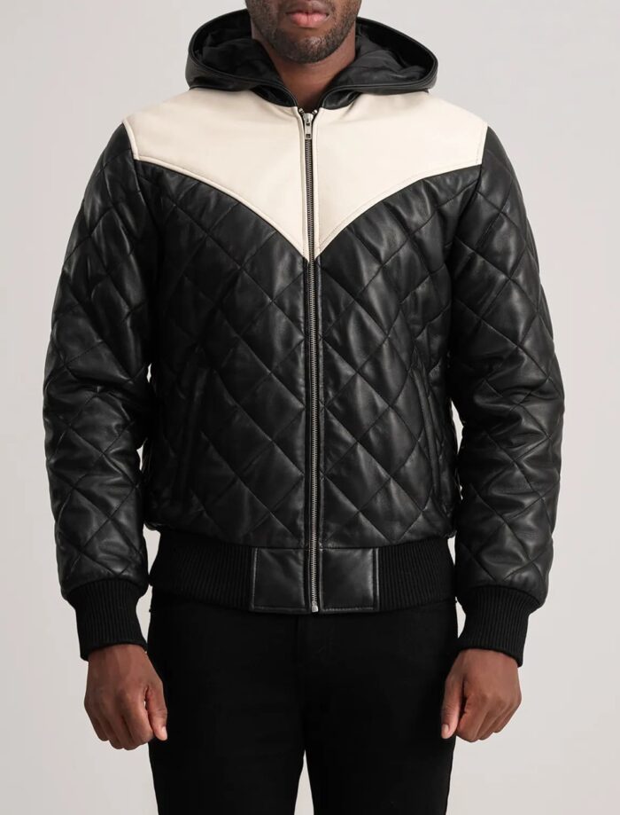 Grayson Black Hooded Bomber Leather Puffer Jacket for Men