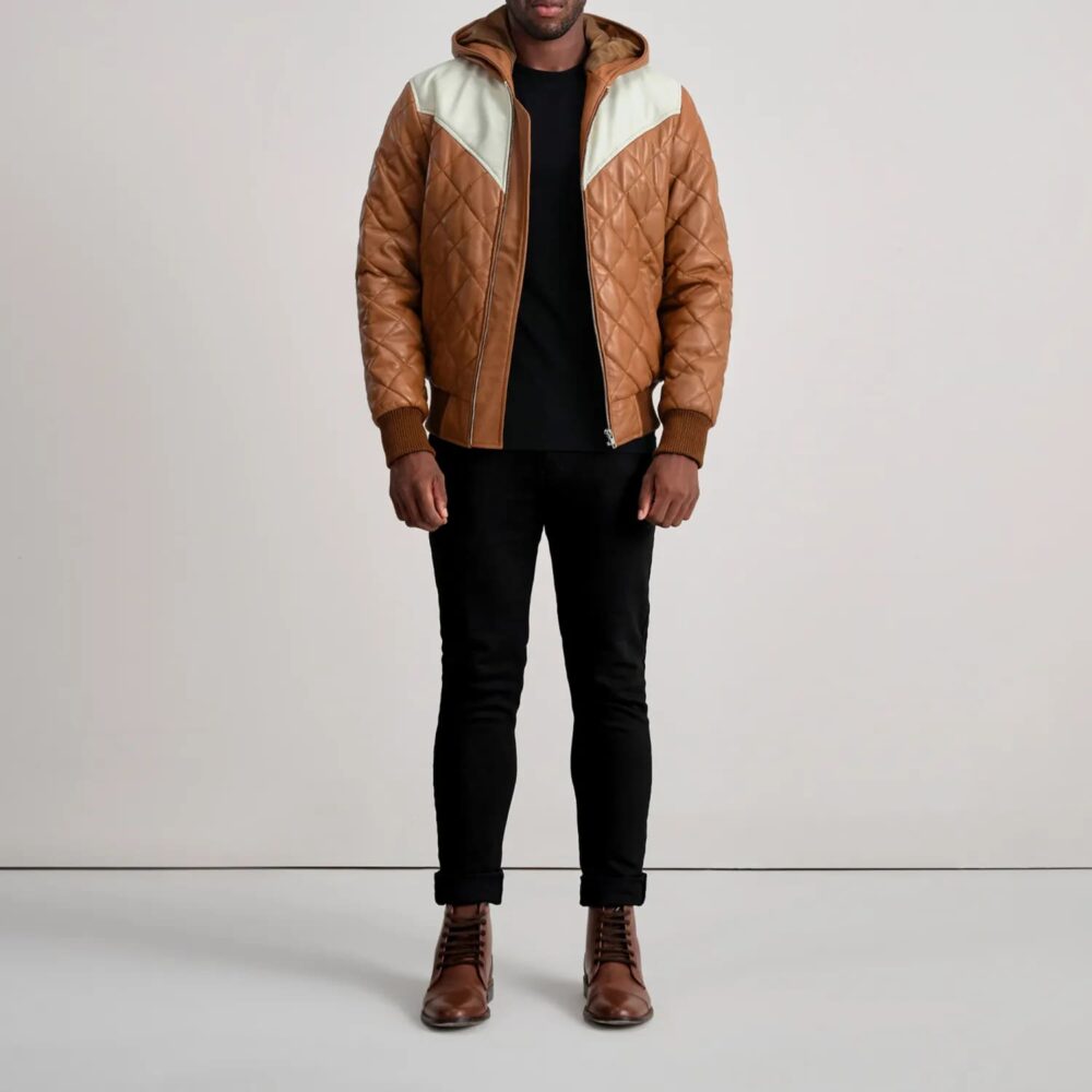 Grayson Tan Hooded Bomber Leather Puffer Jacket for Men