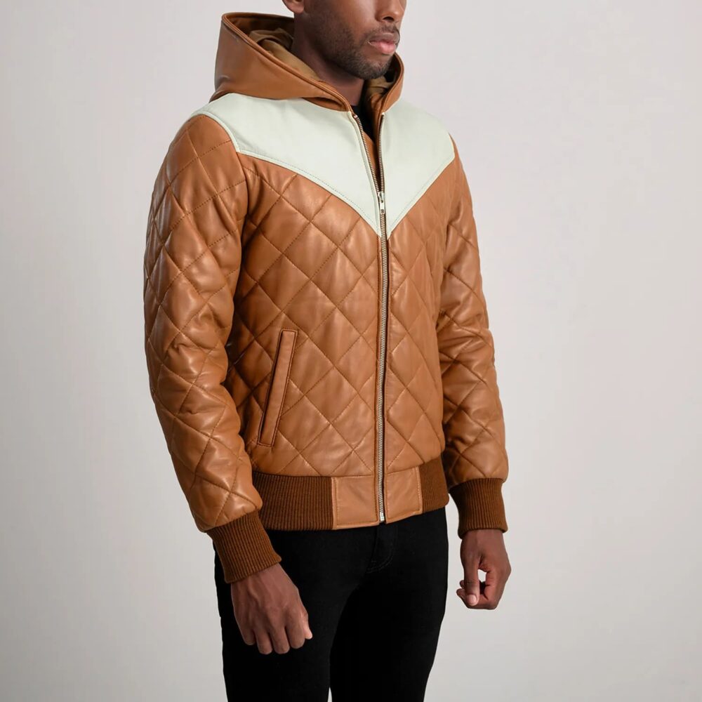 Grayson Tan Hooded Bomber Leather Puffer Jacket for Men