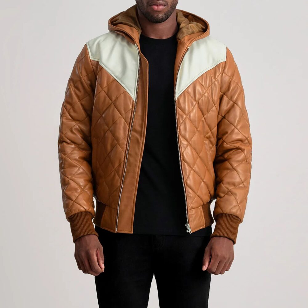 Grayson Tan Hooded Bomber Leather Puffer Jacket for Men