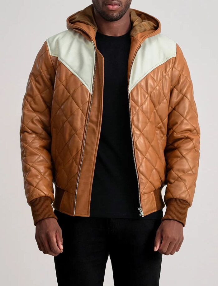 Grayson Tan Hooded Bomber Leather Puffer Jacket for Men