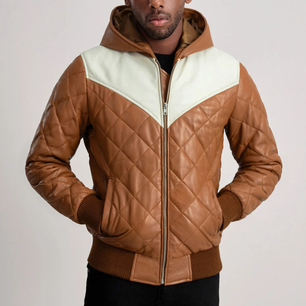 Grayson Tan Hooded Bomber Leather Puffer Jacket for Men