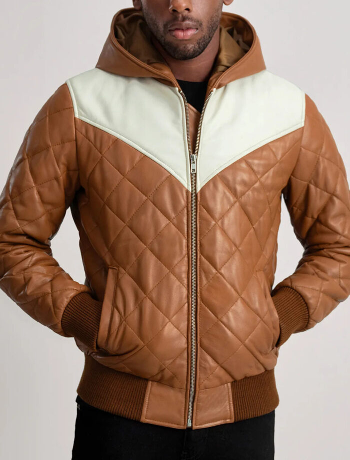 Grayson Tan Hooded Bomber Leather Puffer Jacket for Men