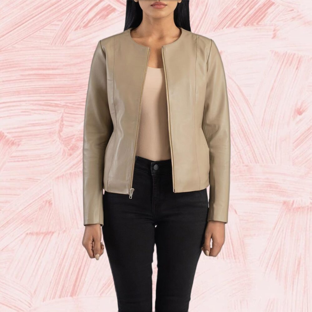 Nova Beige Collarless Leather Jacket for Women