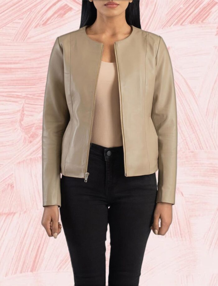 Nova Beige Collarless Leather Jacket for Women