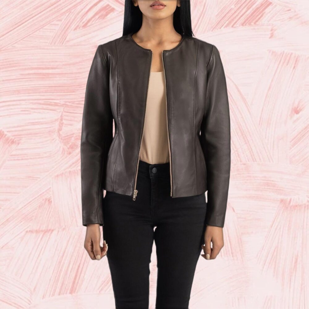 Nova Brown Collarless Leather Jacket for Women