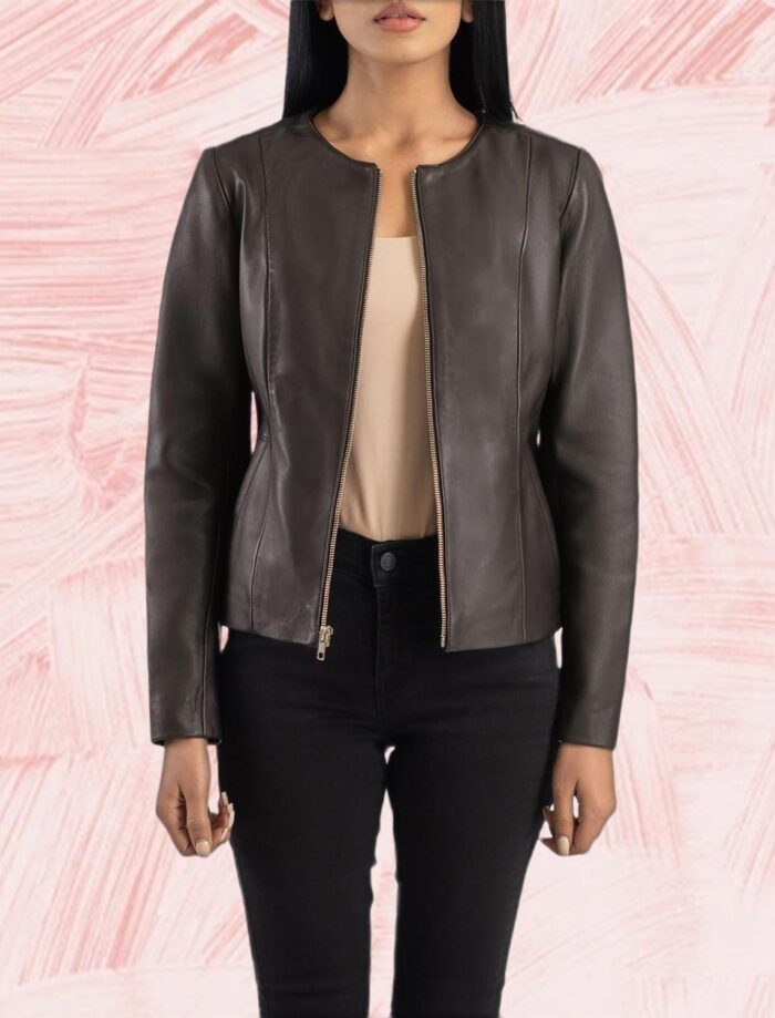Nova Brown Collarless Leather Jacket for Women