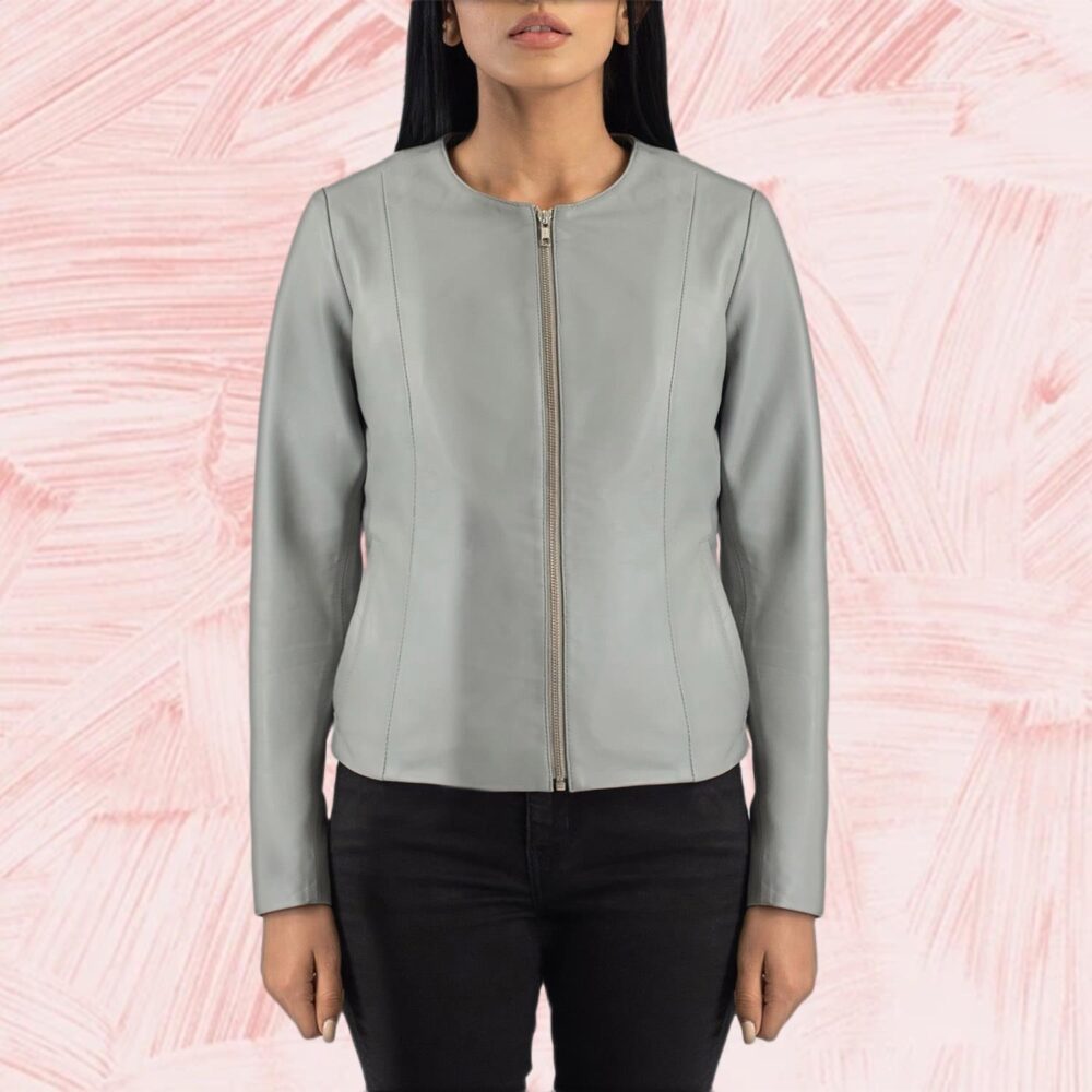 Nova Grey Collarless Leather Jacket for Women
