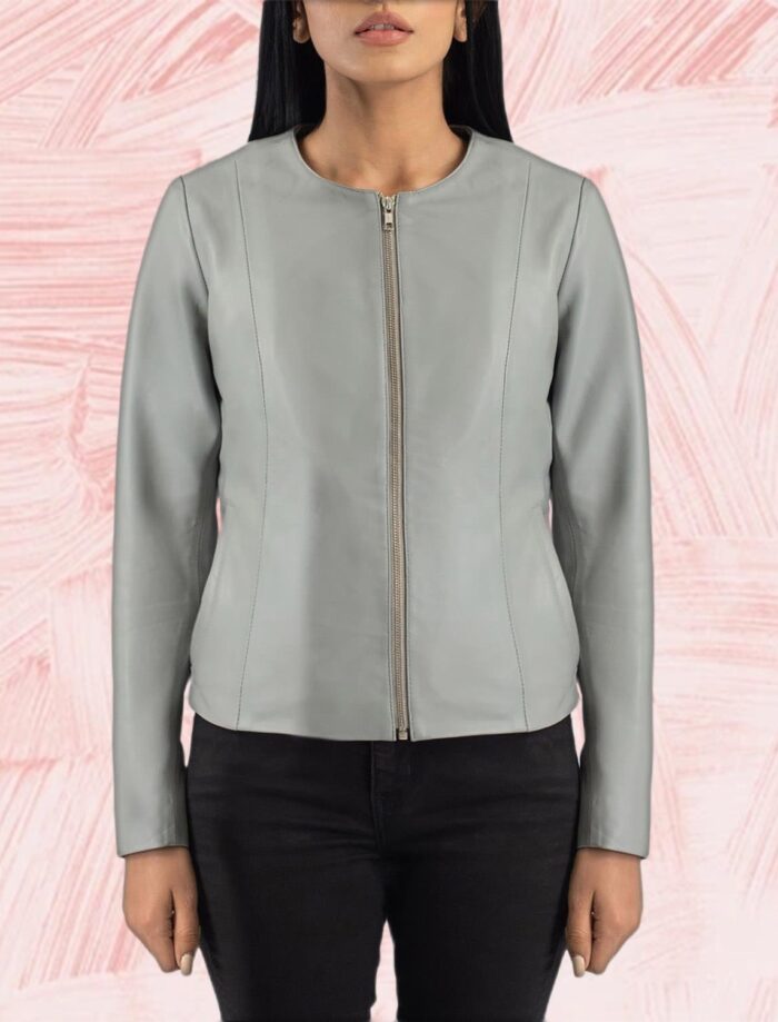 Nova Grey Collarless Leather Jacket for Women