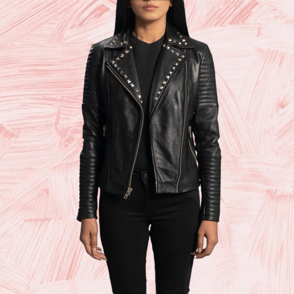 Nova Studded Black Leather Biker Jacket for Women