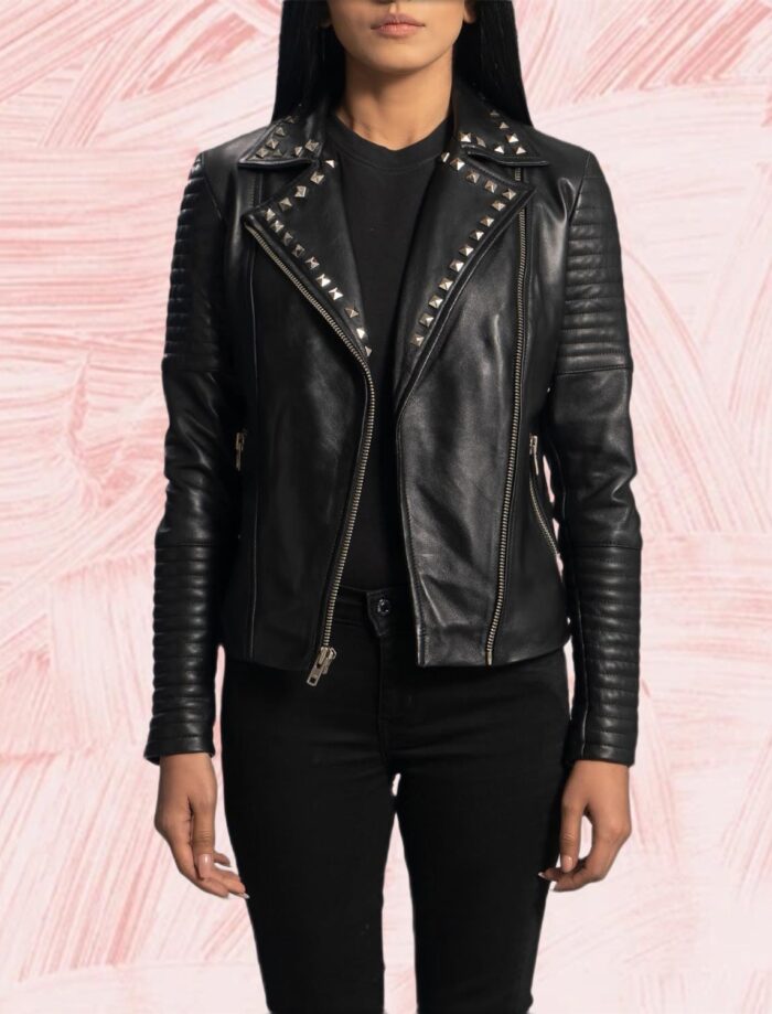 Nova Studded Black Leather Biker Jacket for Women