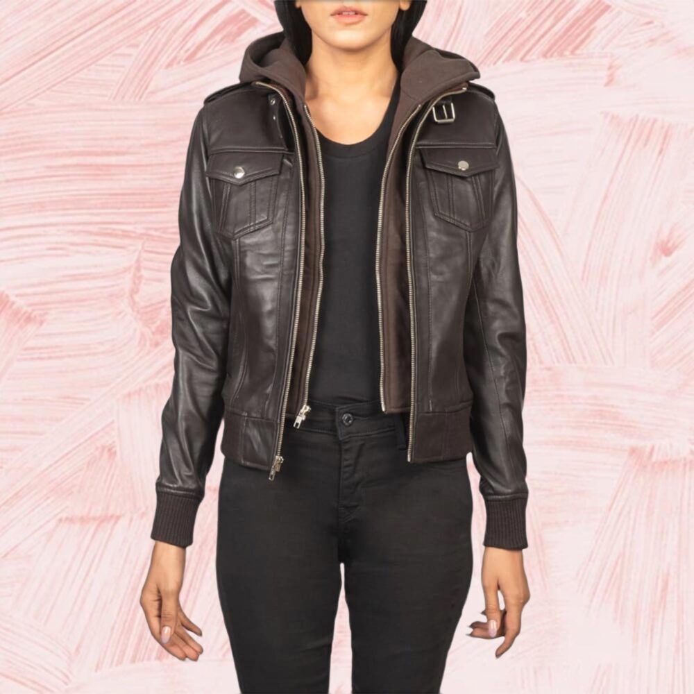 Nyla Brown Hooded Leather Bomber Jacket for Women