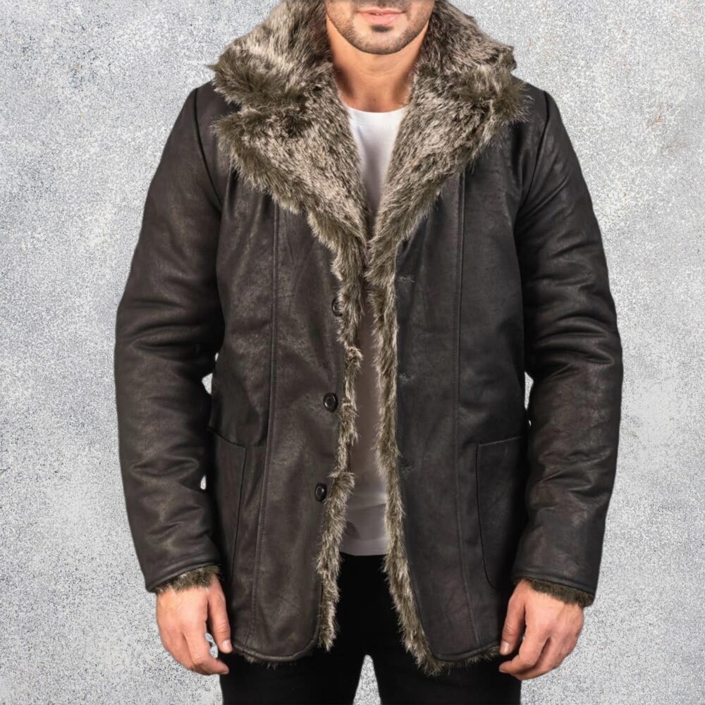Ravenridge Men's Distressed Black Sheepskin Leather Coat