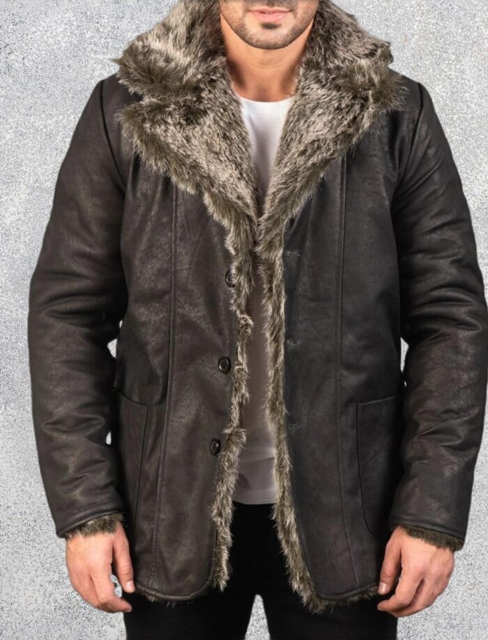 Ravenridge Men's Distressed Black Sheepskin Leather Coat